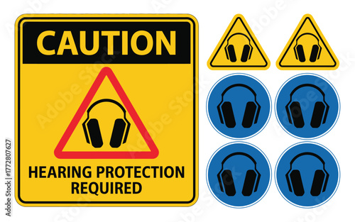 Ear safety vector icons including hearing protection required, ear muffs and headphones symbol, workplace safety illustration isolated on white background