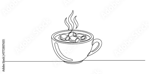 Continuous one line of a steaming cup of hot chocolate with marshmallows on top, style hand drawing vector illustration.