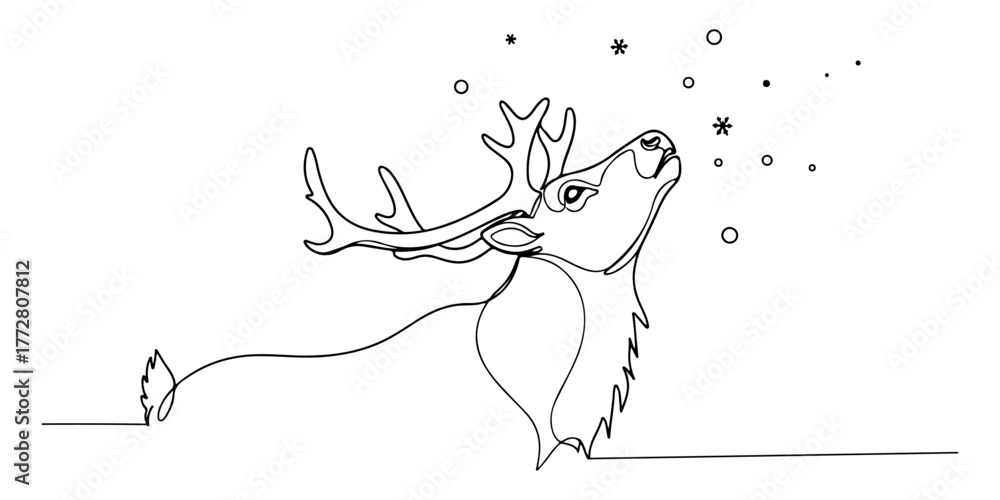 Naklejka premium Continuous one line of reindeer looking at the falling snow, style hand drawing vector illustration.