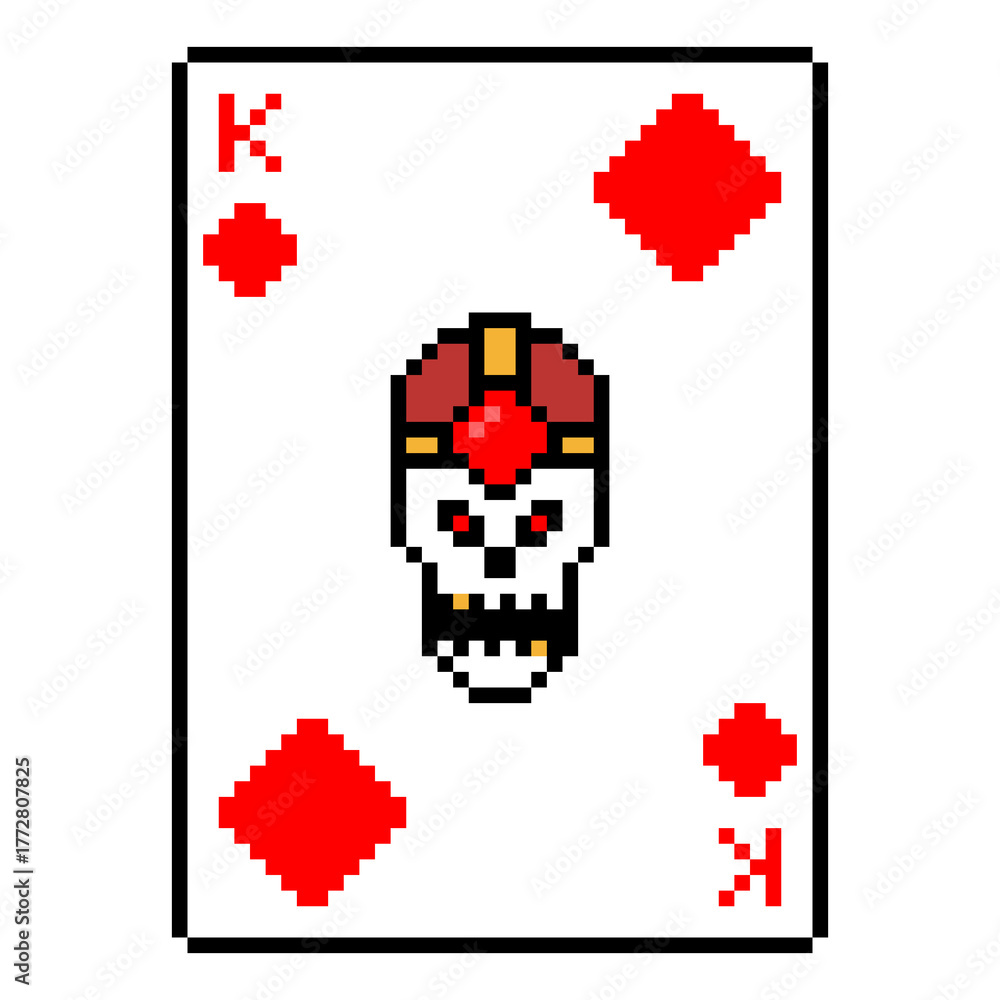 Fototapeta premium Isolated King of Diamonds Playing Card Pixel Art Skull with Ruby Crown