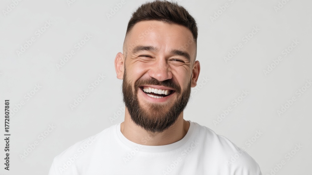 Obraz premium Cheerful Man Smiling Broadly as He Showcases His Clean White Teeth Against a Simple Light Background