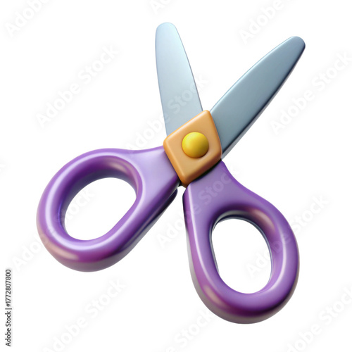 Detailed 3d render of purple scissors with yellow rivet isolated on black transparent background