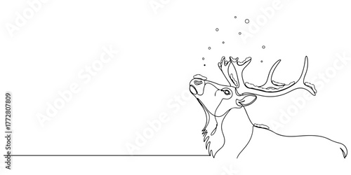 Continuous one line of reindeer looking at the falling snow, style hand drawing vector illustration.