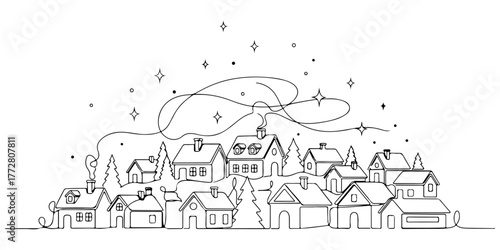 Continuous one line of Christmas village with small houses and twinkling stars, style hand drawing vector illustration.