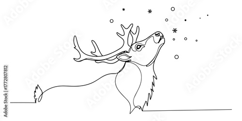 Continuous one line of reindeer looking at the falling snow, style hand drawing vector illustration.
