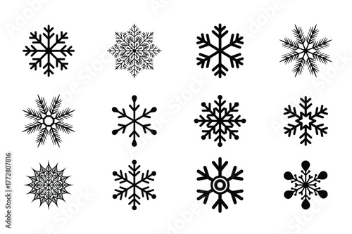 Black Snowflake Silhouette Winter Icon Set