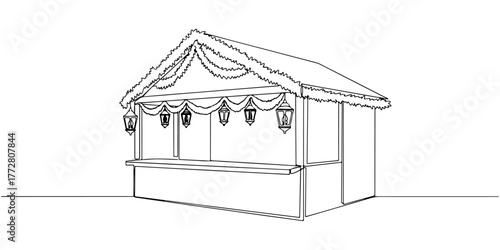 Continuous one line of Christmas market stalls with lanterns and garlands, style hand drawing vector illustration.