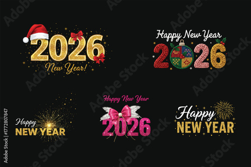 Golden Glitter Happy New Year 2026 Typography Bundle