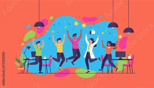 Joyful diverse team jumping high in the office celebrating business success achievement and victory