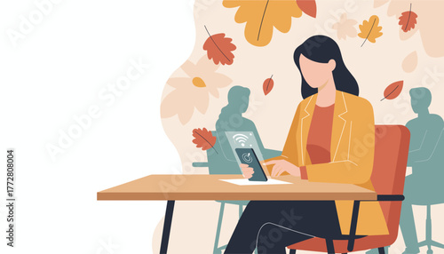 Professional woman using phone with WiFi signal in a shared workspace during autumn