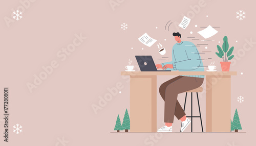 Businessman rushing to meet winter deadlines while working remotely Stress and pressure concept