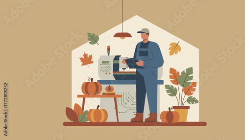Factory automation worker checking machinery surrounded by pumpkins and fall leaves