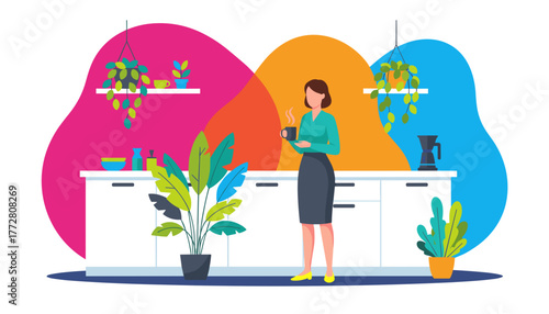 Professional woman taking a coffee break in a vibrant modern kitchen with indoor plants