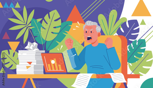 Frustrated senior man yelling at his desk overwhelmed by work stress and excessive paperwork