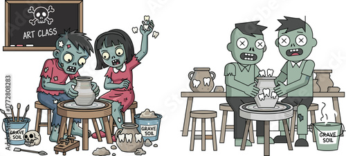 Zombie pottery class, cartoon art, grave soil, undead students, stitched skin, funny horror, comic style, clay wheel, creative scene, humor