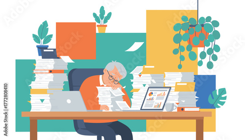 Exhausted senior worker overwhelmed by bureaucracy and massive piles of office files