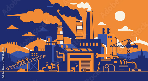 Graphic illustration of industrial plant operations featuring workers cranes and pollution