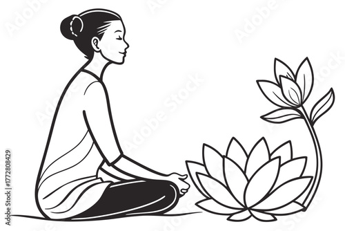 Meditating person with lotus flower — zen minimal line art, black and white outline