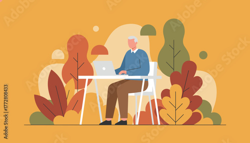 Senior man working on laptop outdoors Remote business freelance and technology integration