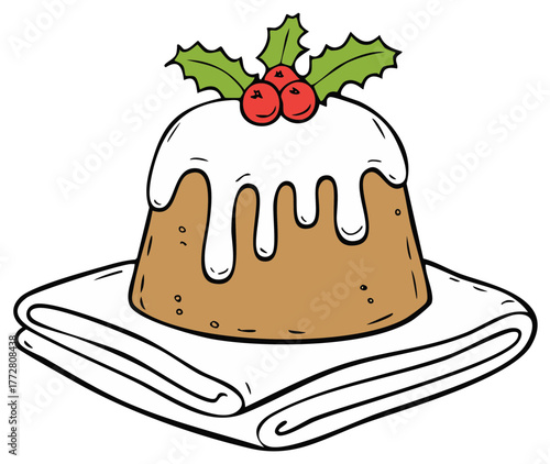 Illustration of festive pudding with icing and berries served on white cloth
