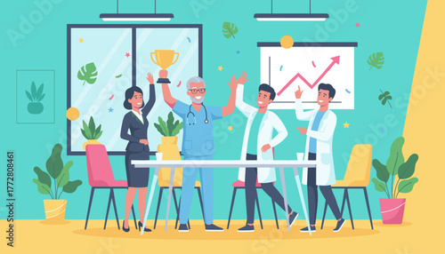 Successful medical team celebrating excellence and business growth with a trophy