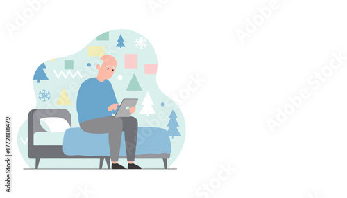 Senior man feeling isolated while using digital tablet in bed Holiday loneliness concept