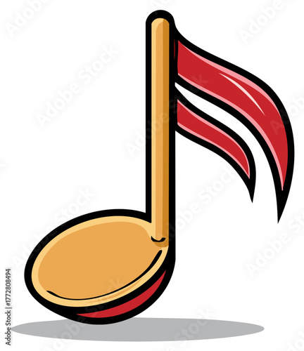 Illustration of a cartoon musical note with a red ribbon on a white background