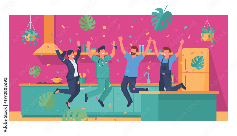 Fototapeta premium Four celebrating professionals jumping with joy and confetti in a bright modern kitchen