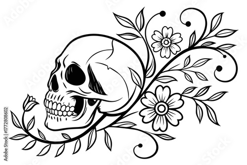 Black and white skull with floral elements — clean vector lines, balanced composition for t-shirt print