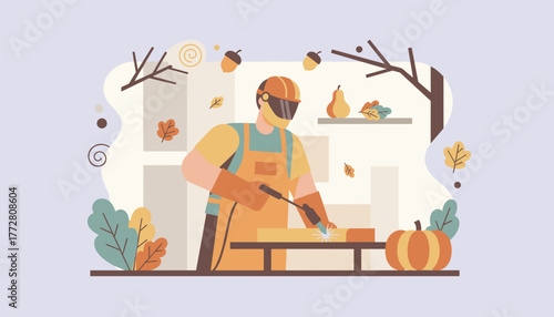 Welder works in an industrial autumn setting Manufacturing skilled labor and seasonal design concept