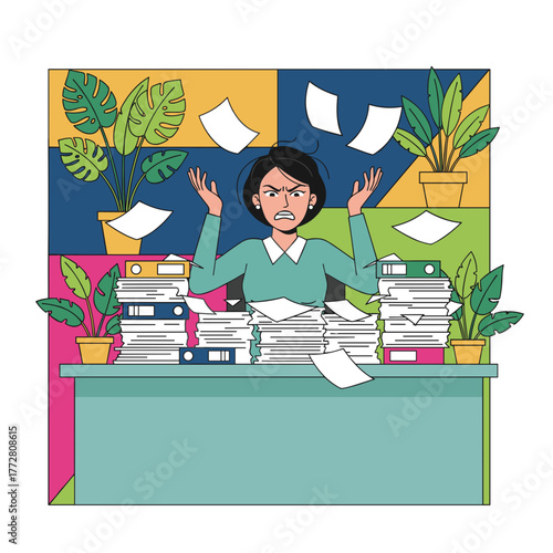 Stressed businesswoman overwhelmed by paperwork and deadlines in a colorful office