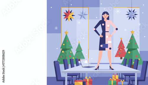 Businesswoman celebrating Christmas in the office Corporate holiday party or seasonal success