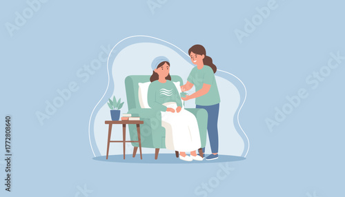 Woman caring for a patient or friend offering a hot drink in a supportive home recovery setting