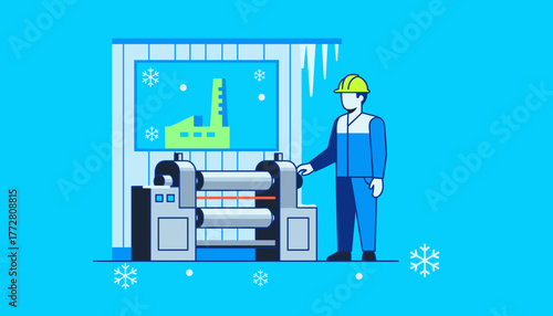 Factory worker in protective gear operating industrial machinery during winter weather