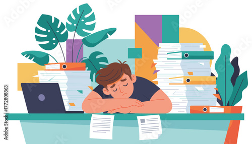 Stressed office worker overwhelmed sleeping on desk surrounded by huge stacks of paper and files