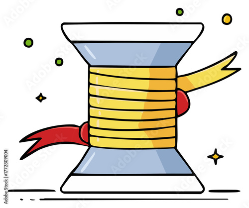 Cartoon illustration of a spool of bright yellow thread with red and yellow ribbons and festive confetti