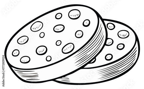 Two slices of Swiss cheese with holes, hand-drawn sketch design element, cartoon style food ingredient clip art