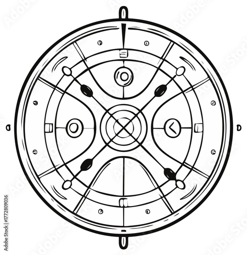 Abstract circular diagram with radial lines and geometric shapes in black and white