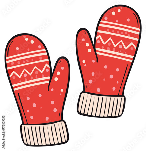 Red winter mittens with polka dots and zig-zag pattern