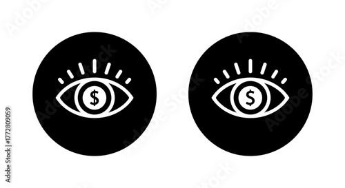 Greedy eye icon in black circle. Money obsession and materialistic vision symbol
