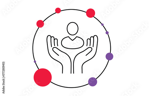 Modern icon of care and support with vibrant circles, symbolizing protection and community, perfect for healthcare, charity, or social services branding, conveying trust and empathy