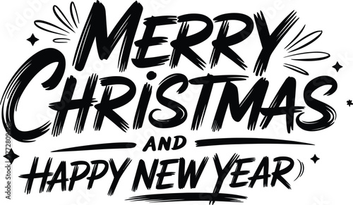 Merry Christmas and Happy New Year text, Hand Drawn, Typography, lettering for greeting cards, banners, posters, isolated vector illustration