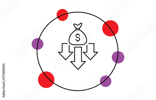 Money bag with downward arrows and vibrant circles illustrates diverse financial strategies for business, investment, and economic growth, conveying stability and potential for profit