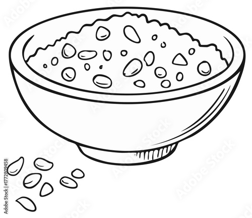 Hand drawn outline sketch of a bowl with oatmeal porridge and grains