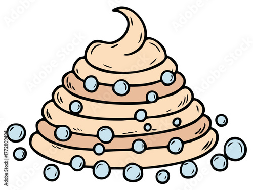 Whimsical spiraling beige foam pile adorned with scattered light blue bubbles illustration