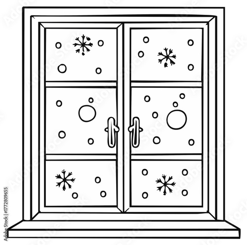 Classic double casement window with snowflakes and circles on glass panes during winter season