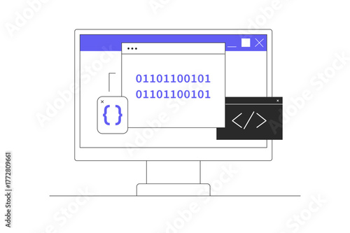 Compiler programming. Software development. Machine language. Programming. Data filtering. Flat Cartoon Vector Illustration, icon Stylish abstract design landing page web