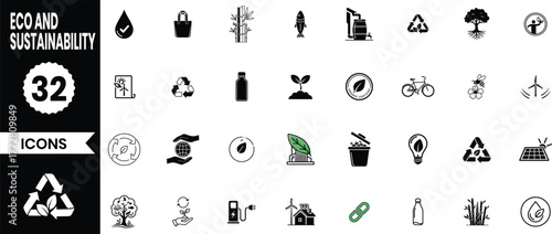 Collection of 32 eco friendly and sustainability icons for environmental protection and green living