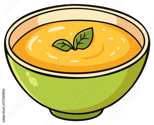 Cartoon style warm orange soup in a green bowl garnished with fresh basil leaves.