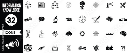 Collection of 32 information and knowledge icons representing science technology communication and education